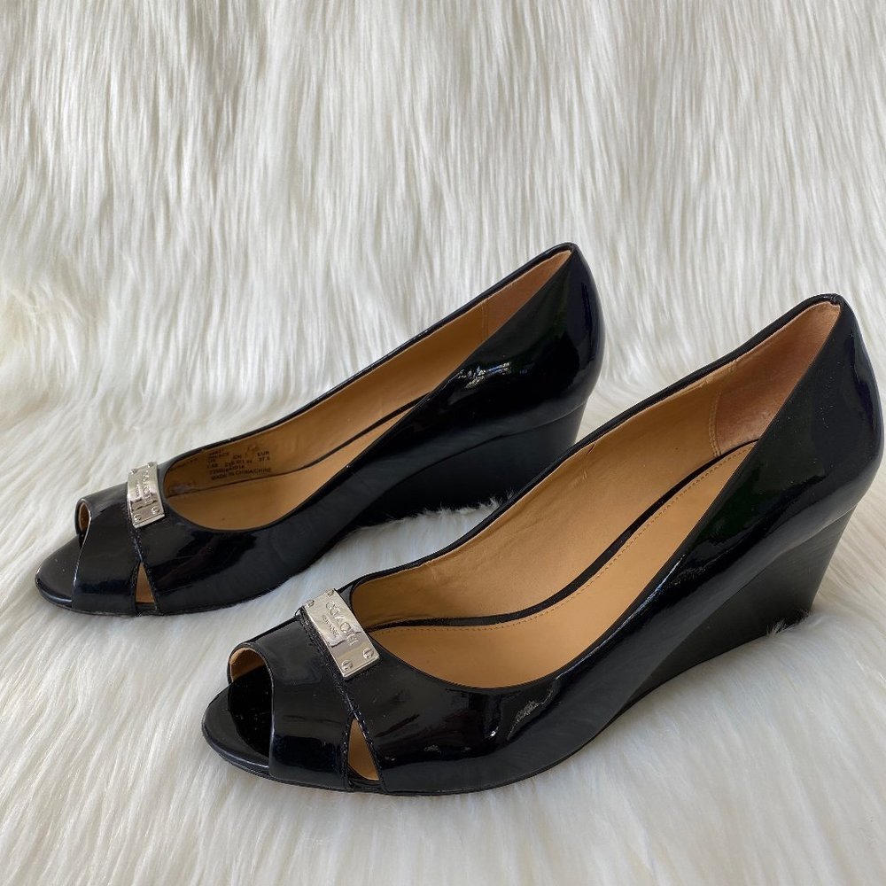 Coach Black Patent "Palace" Peep Toe Wedge Sz 7.5